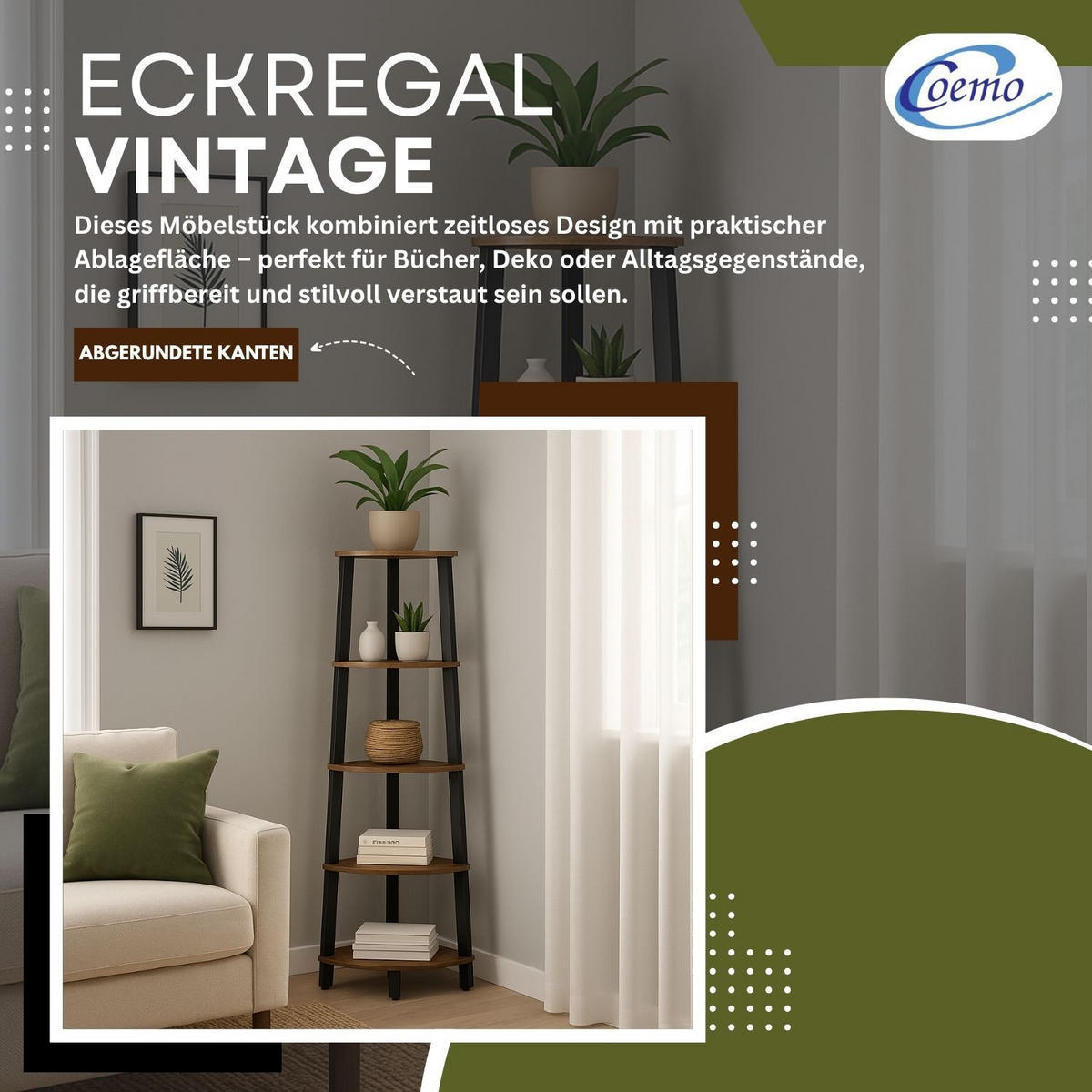 ECKREGAL VINTAGE 3-seitig Metall und Holz 37/37/159 cm - Braun, Metall (37/159/37cm) - Mein-Regal