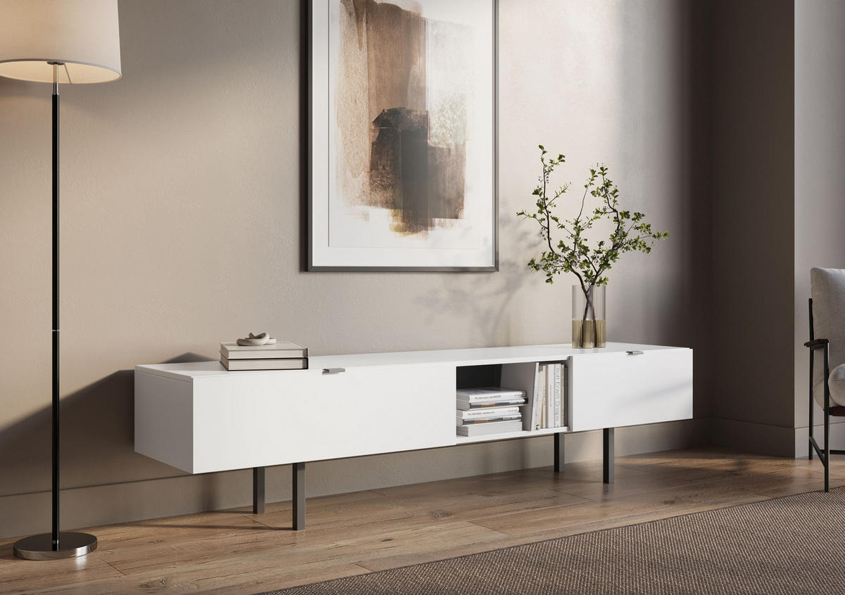 LOWBOARD Myway, Weiß, 1 Schublade, Minimalistisch, 180 cm - Schwarz/Weiß, Holzwerkstoff/Metall (180/41.6/41.6cm) - Skandica