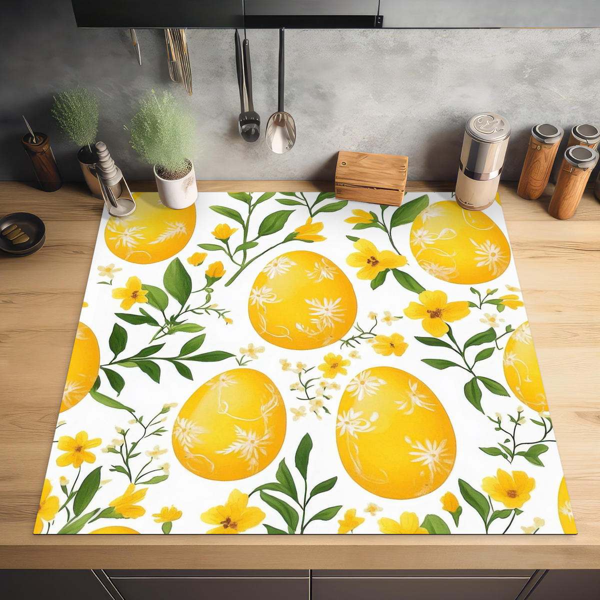 HERDABDECKPLATTE Blumen - Ostereier - Gelb Induktionsmatte 78x78 cm - Gelb, Kunststoff (78/78/0.2cm) - MuchoWow
