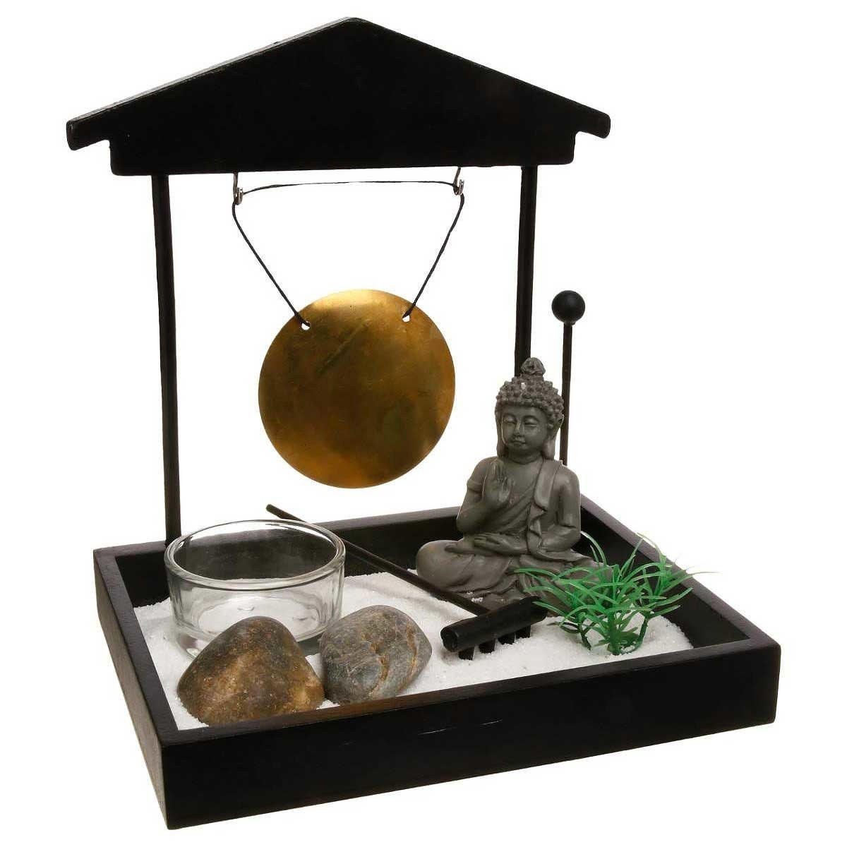 ZEN-GARTEN Buddha mit Gong auf Platte - Schwarz, Holzwerkstoff (12/16/15cm) - Atmosphera Createur d´interieur