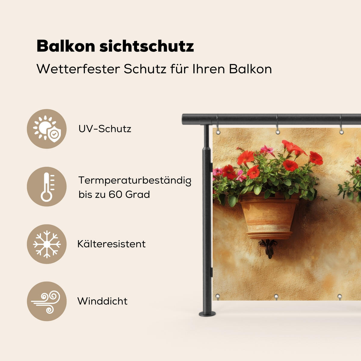 BALKON-SICHTSCHUTZ Blumentöpfe - Wand - Vintage - Terra cotta, Kunststoff (200/90cm) - MuchoWow