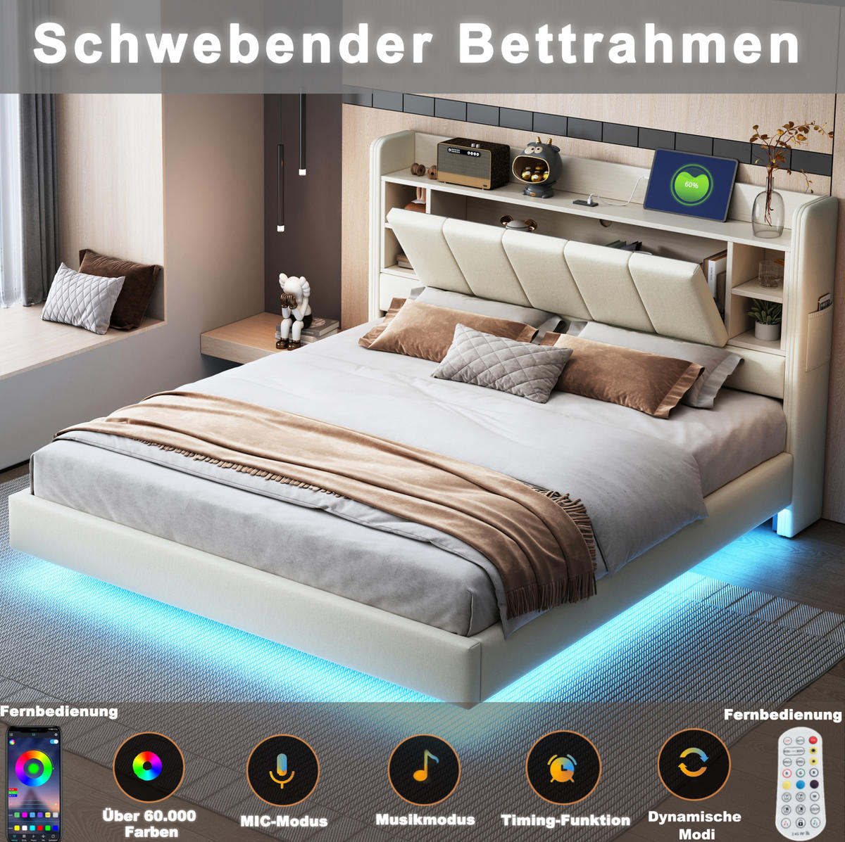 POLSTERBETT 140/200 cm mit LED-Lichtleiste, USB-Anschluss und Stauraum-Kopfteil, Leinenstoff, Beige - Beige, Textil (140/200cm) - Redom