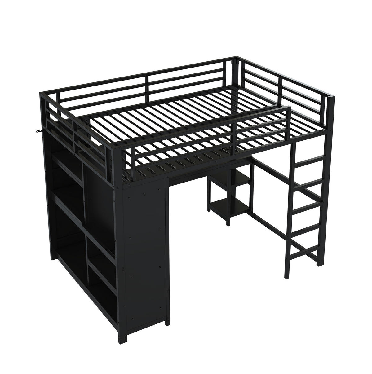 HOCHBETT aus Metall und MDF 140x200 cm Schwarz mit Schreibtisch, LED-Beleuchtung und offenem Kleiderschrank - Schwarz, Metall (140/200cm) - IVMEU