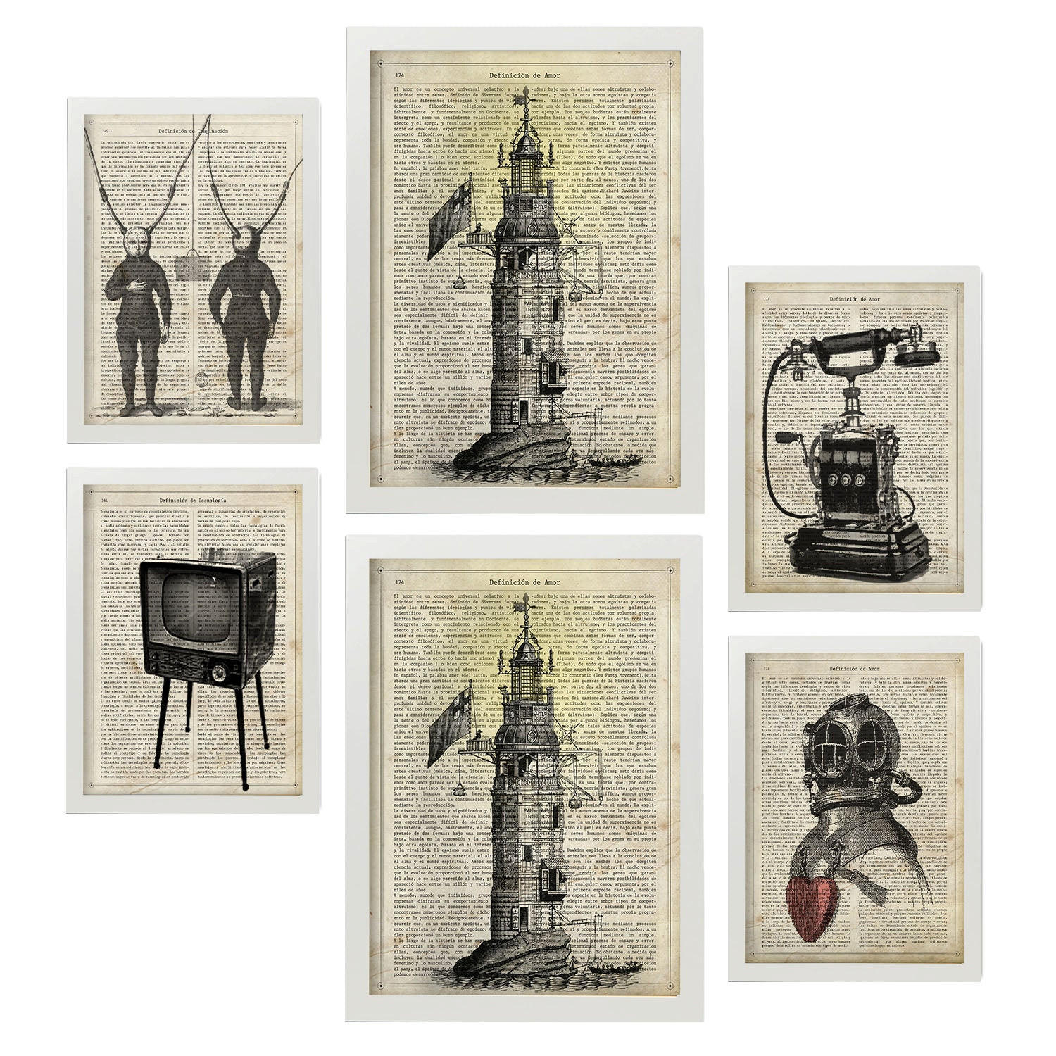 POSTER Set Mit 6 Jahrgang Vintage Papier Plakate Mit Enzyklopädie Revolutionäre Erfindungen Aus Dem Letzten Jahrhundert A3 & A4 Weißer Rahmen - Weiß, Papier (29/3cm) - Nacnic
