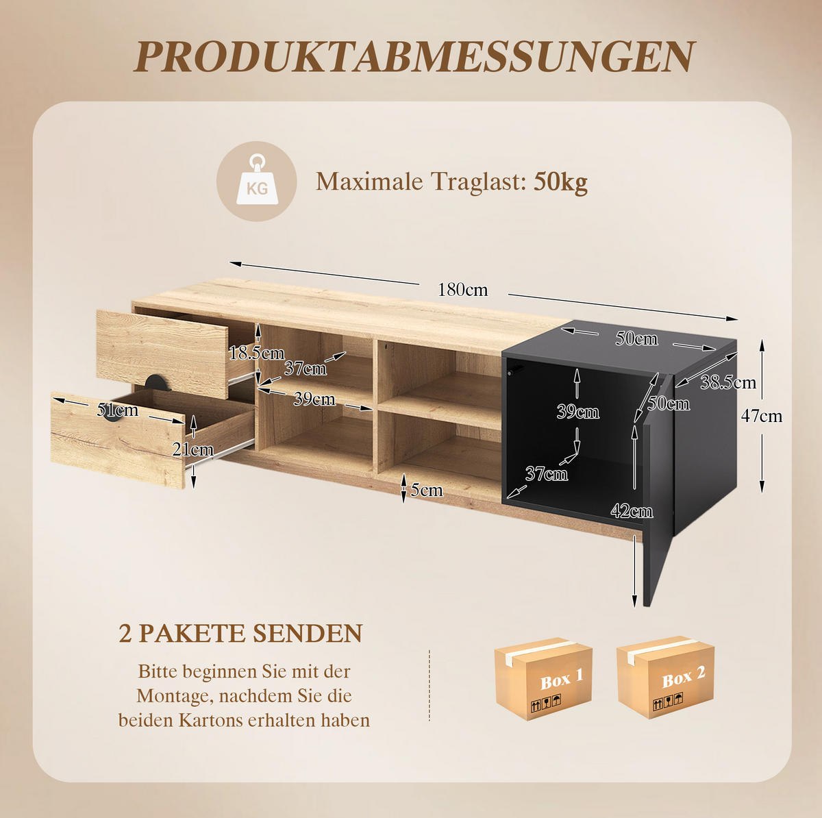 LOWBOARD 180/38.5/47 cm Schwarz aus Holzwerkstoff mit LED-Beleuchtung - Schwarz, Holzwerkstoff (38.5/47/180cm) - OKMYHOME