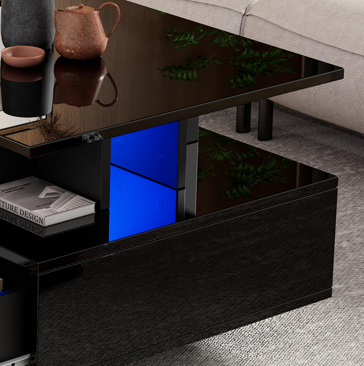 COUCHTISCH 90/55/41 cm schwarz aus Holzwerkstoff mit LED-Beleuchtung und 2 Schubladen - Schwarz, Holzwerkstoff (90/55/41cm) - OKMYHOME