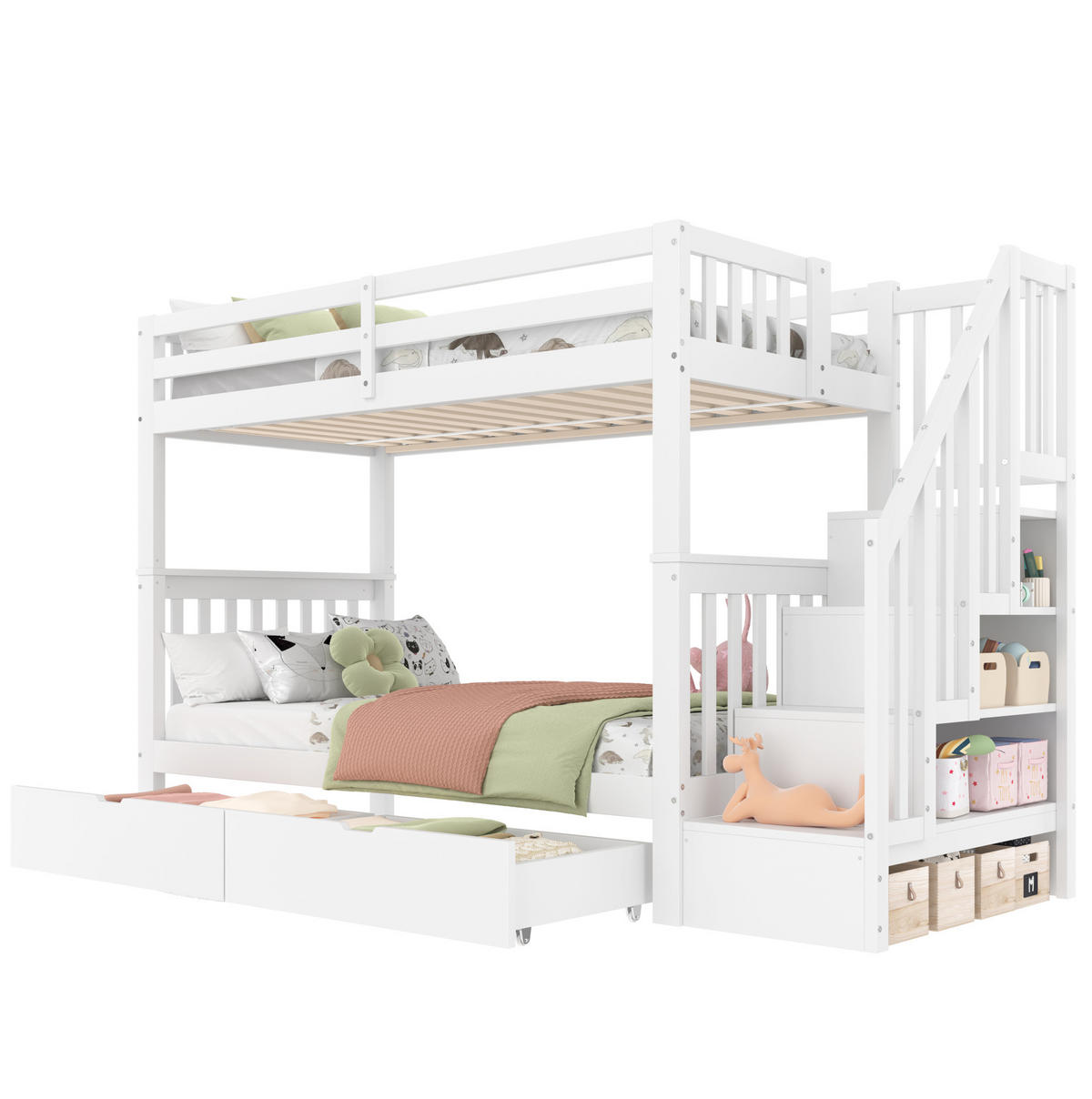 ETAGENBETT aus Kiefernholz und MDF 90x200 cm Weiß mit Treppenregal, 2 Schubladen und hohem Sicherheitsgeländer - Weiß, Holzwerkstoff (90/200cm) - Modfu