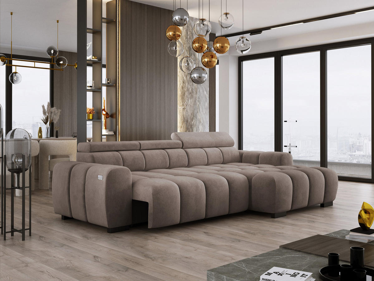 ECKSOFA OMBO 285x168x77/97 cm, Rechts, Schlaffunktion, elektr. Sitz, Kopfstützen, Buche dunkel, hydrophober SALVADOR-Stoff – Cappuccino - Cappuccino, Holz/Textil (285/168cm) - DomoHome