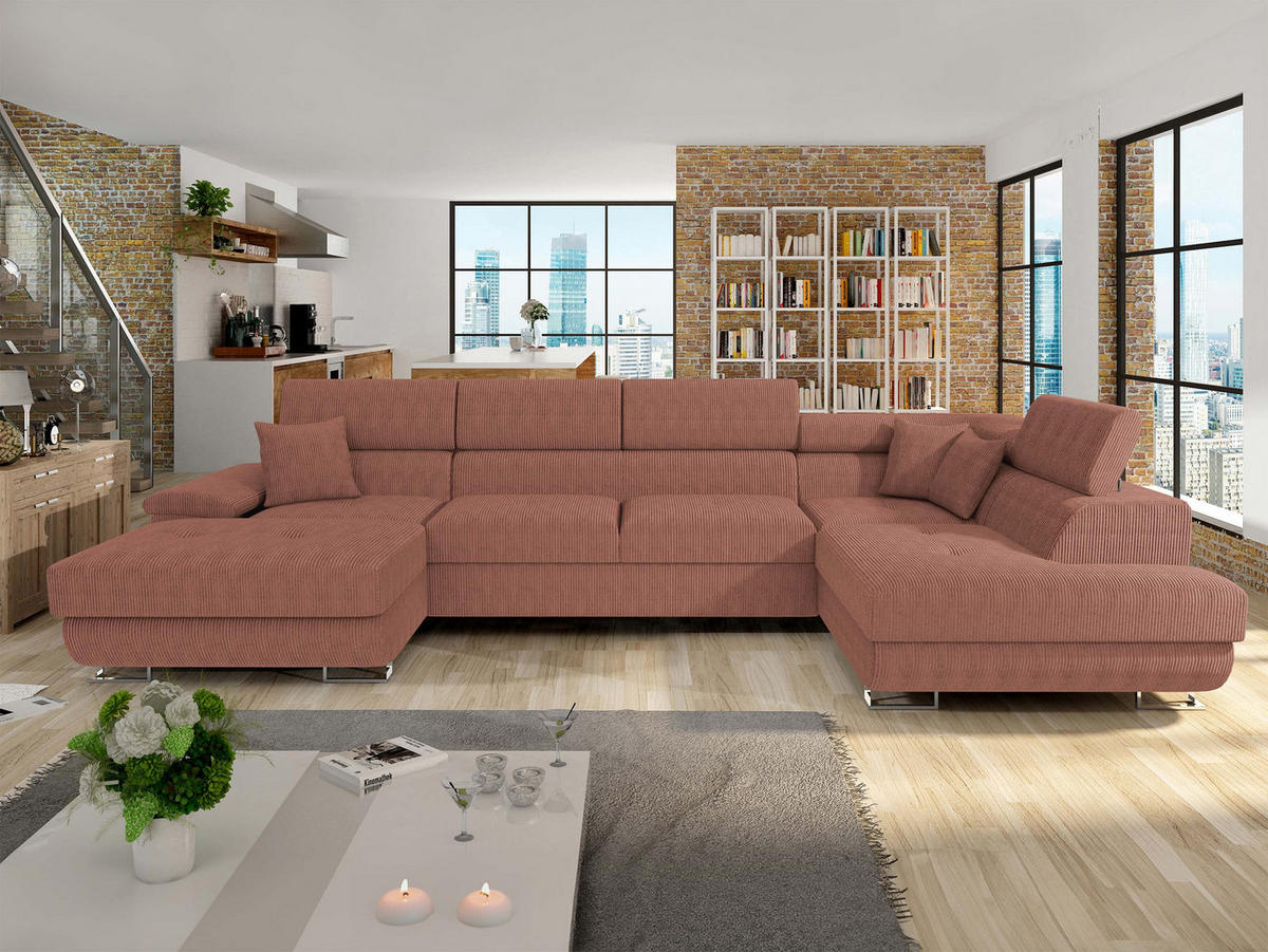 WOHNLANDSCHAFT Cotere Bis Cord, Seite: Rechts - Rosa, Holz (345/91/202cm) - MIRJAN24