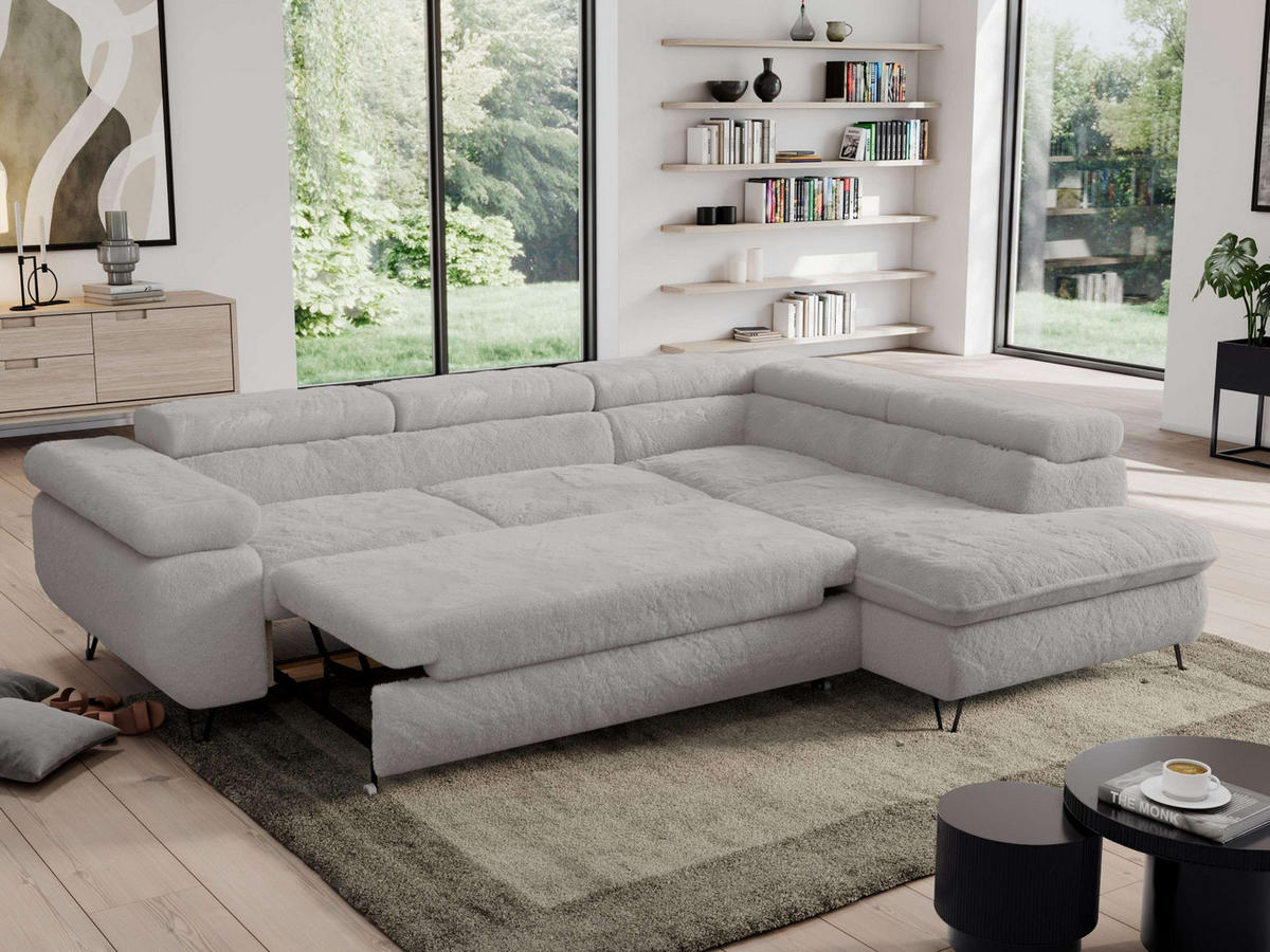 ECKSOFA PEDRO L Hellgrau Plüsch - Rechts Seite - Hellgrau/Schwarz, Textil/Metall (273/208cm) - MKS