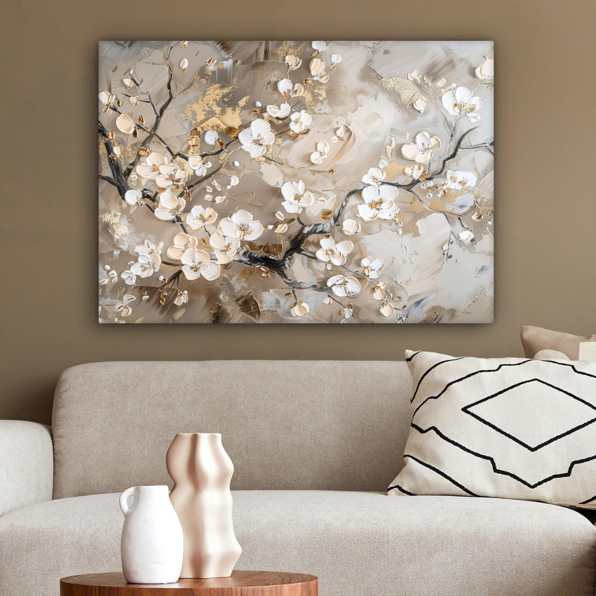 LEINWANDBILD - Blumen - Weiß - Gold - Beige - Luxus - 80x60 - Malerei - Greige, Textil (80/60cm) - MuchoWow