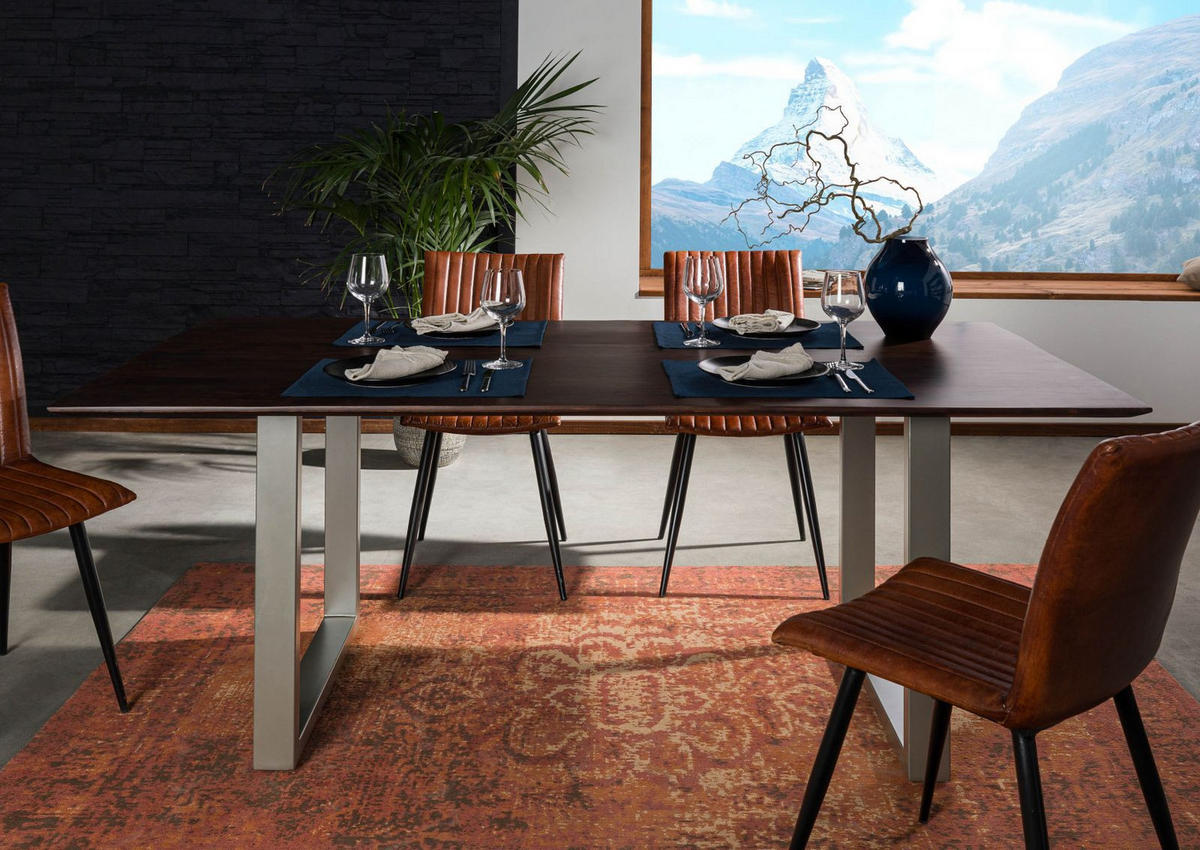ESSTISCH Akazie 180x90 braun lackiert / U-Beine silber matt SWISS EDGE - Braun, Holz (90/180/76cm) - Massivmoebel24