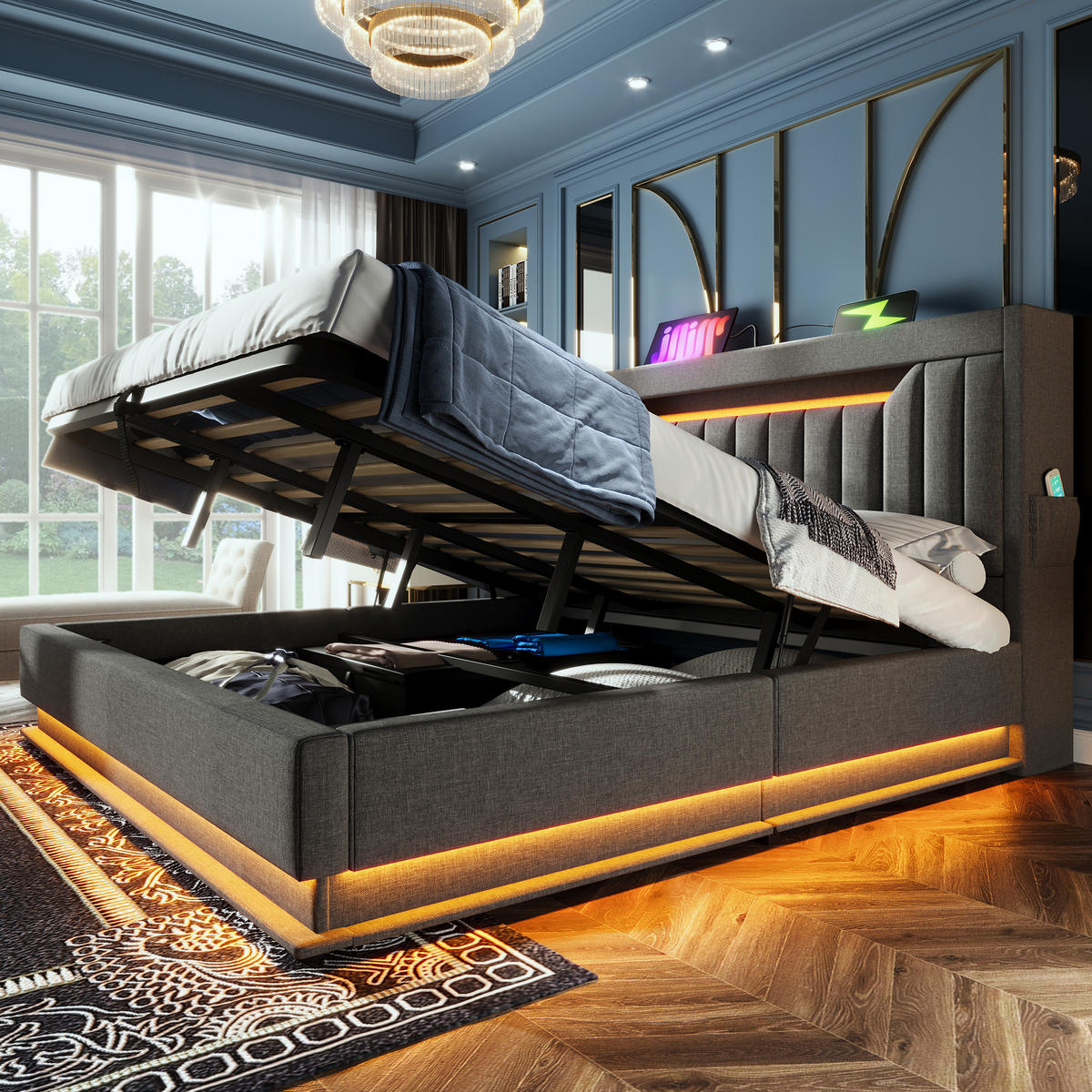 POLSTERBETT 140/200 cm Grau aus Leinen mit LED-Beleuchtung und Stauraum mit Matratze - Grau, Textil (140/200cm) - OKWISH