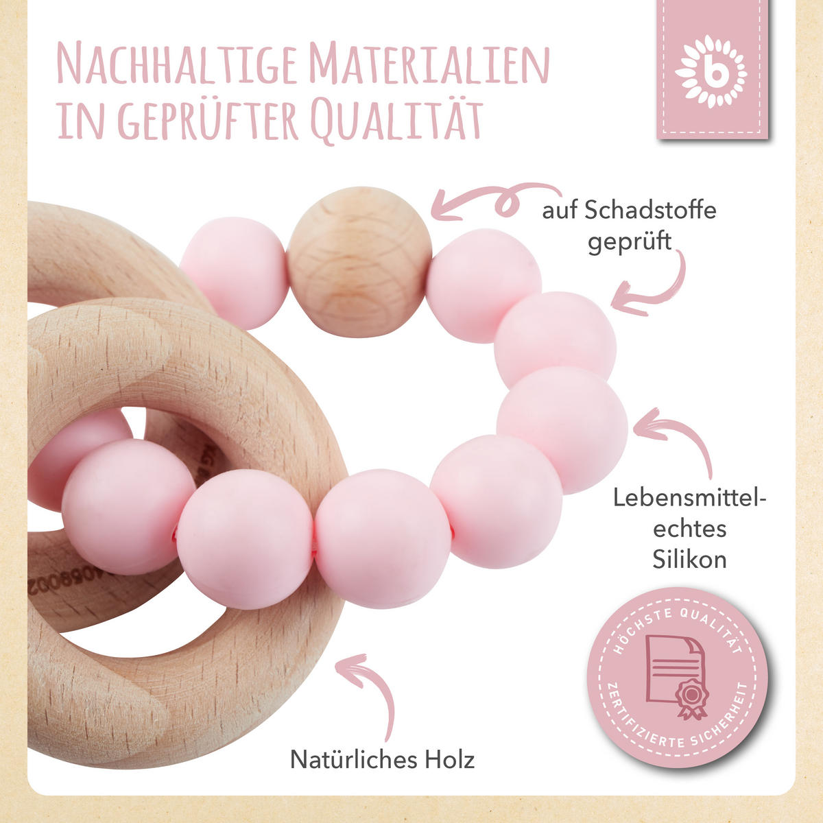 BEISSRING mit Silikon Perlen - ab Geburt - Rosa, Kunststoff (9/6.8cm) - Bieco Spielwaren