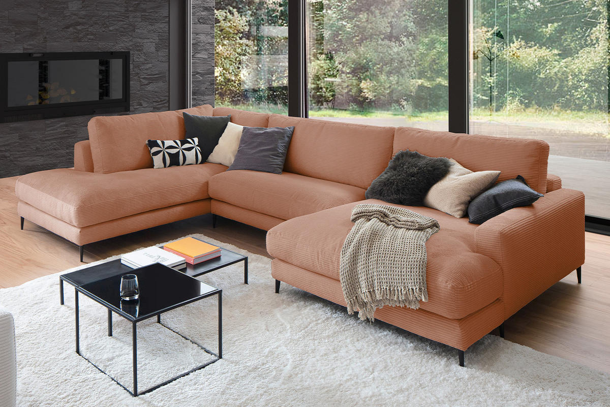 WOHNLANDSCHAFT CARA Braun Cord - Dunkelbraun/Schwarz, Textil (341/84/223cm) - KAWOLA
