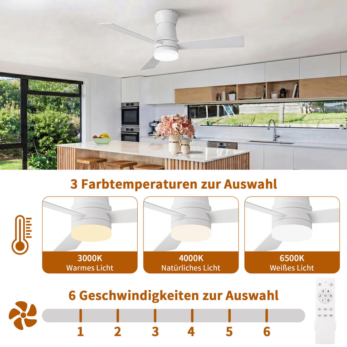 DECKENVENTILATOR mit LED-Licht, 132 cm, Weiß, 6 Stufen & Timer - Weiß, Metall (132/132/30cm) - EuroLiving