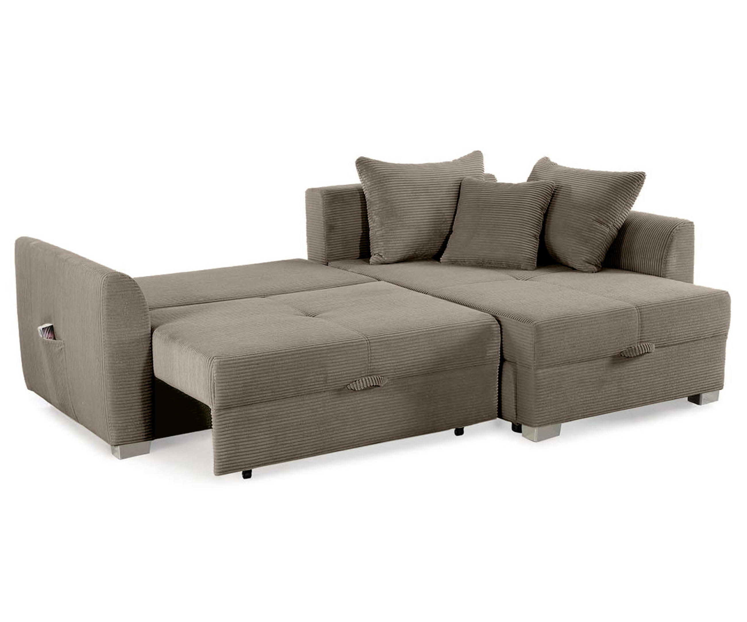 ECKSOFA mit Schlaffunktion und Bettkasten, seitenverkehrt montierbar B236/T160/H81 cm, Liegefl. 142x202 cm, Cord Braun Taupe / 15208 - Taupe/Chromfarben, Kunststoff/Textil (236/160cm) - luma-home