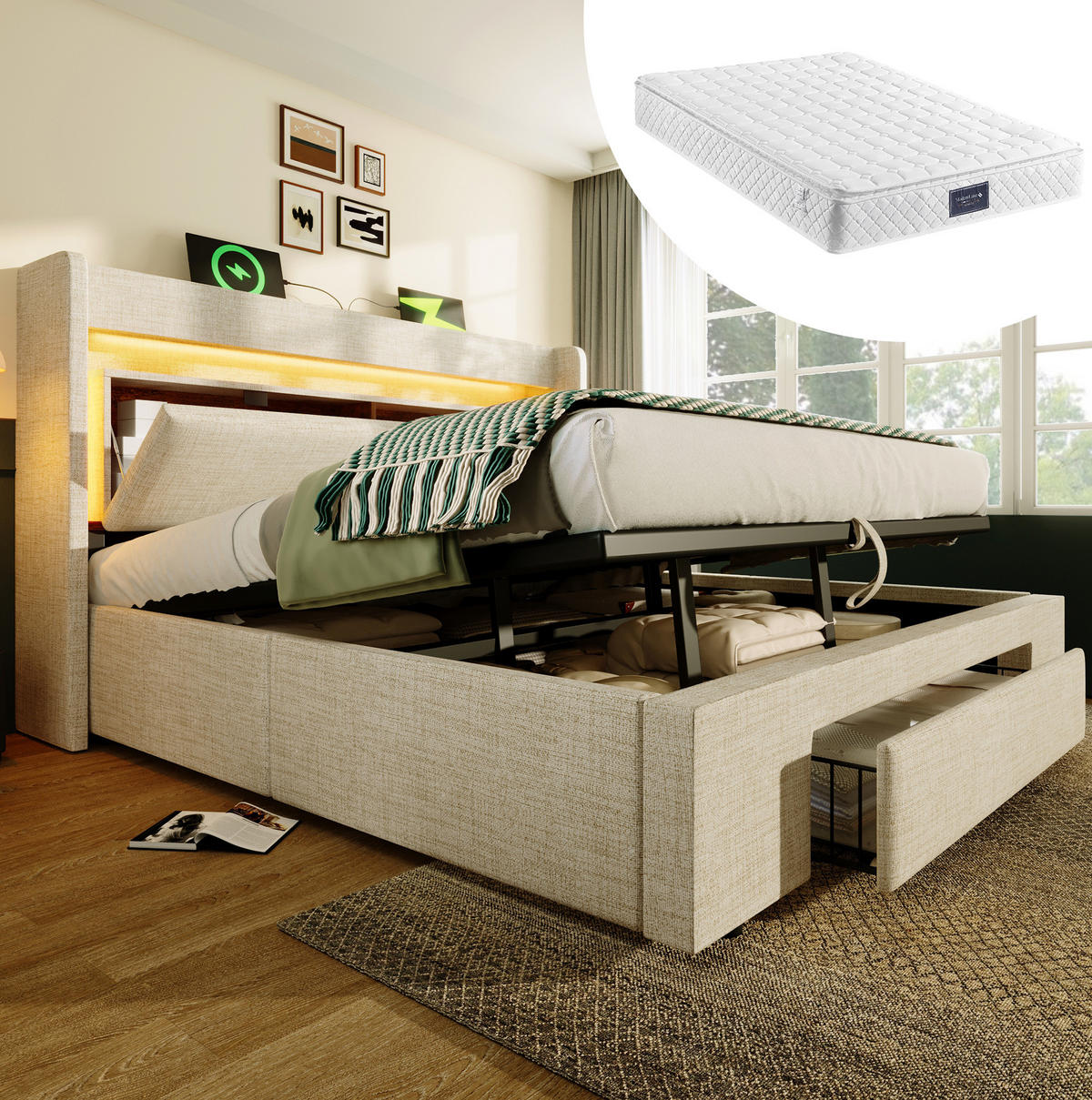 POLSTERBETT 160/200 cm Beige aus Leinen mit Stauraum und Matratze - Beige, Textil (160/200cm) - OKMYHOME