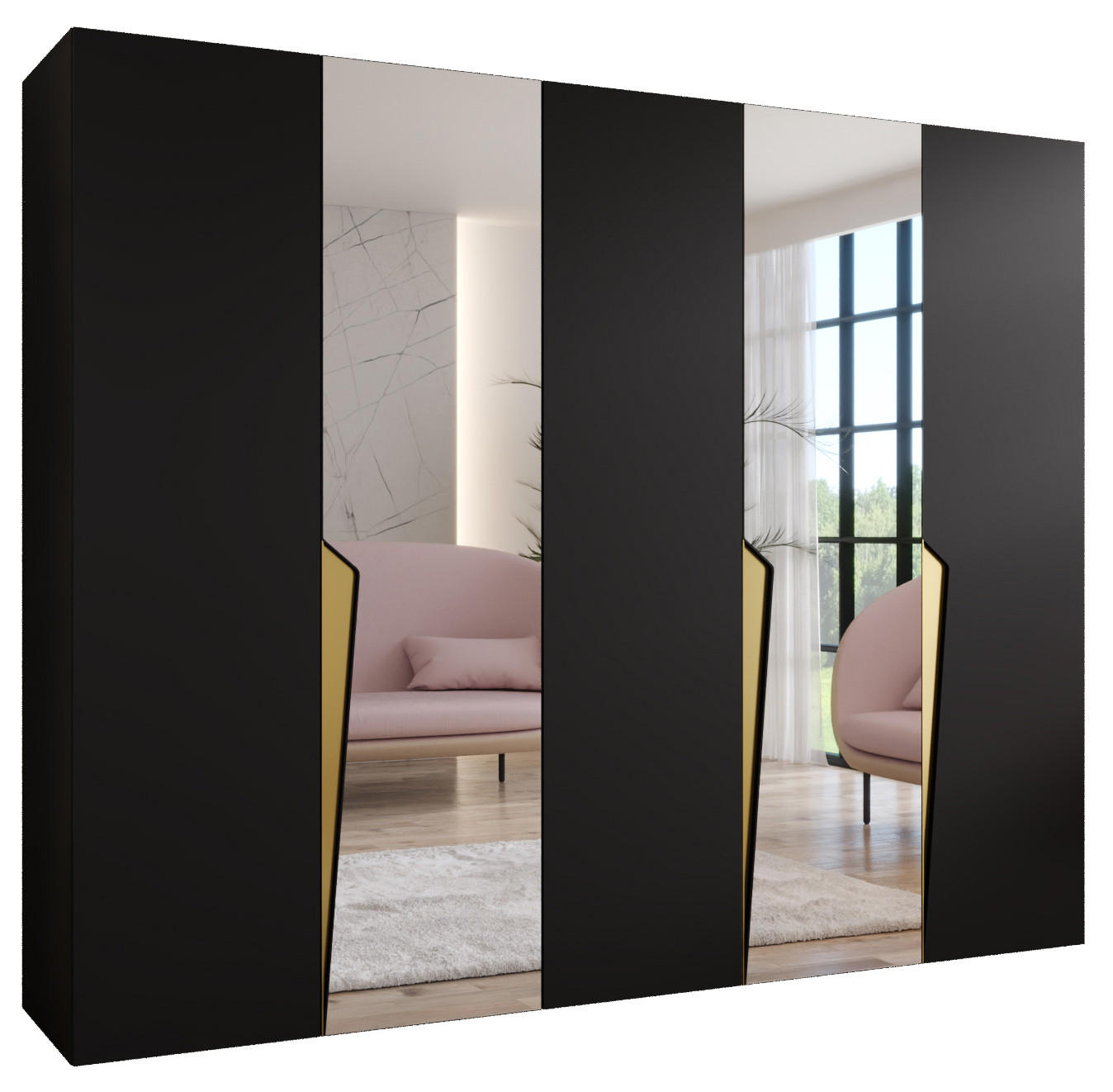 DREHTÜRENSCHRANK 202/250/52 5-türig - Goldfarben/Schwarz, Holz/Metall (250/202/52cm) - Abiks Möbel