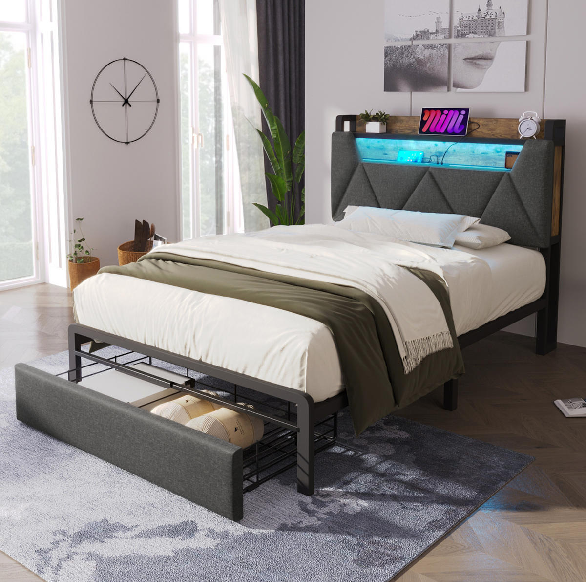 BETT mit Stauraum 90x200 cm Leinen Grau - Grau, Metall (90/200cm) - Meubliv