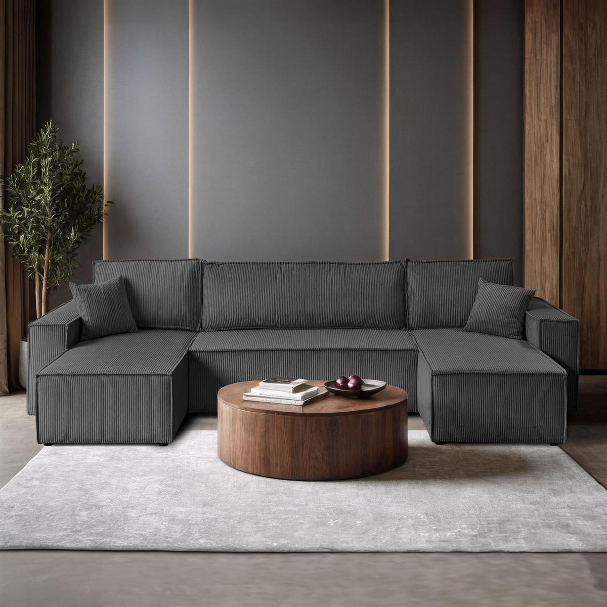 WOHNLANDSCHAFT Gepolstertes CARLO U Cord mit Schlaffunktion und Bettkasten, Poso 34 - Dunkelgrün, Textil (315/83/143cm) - Lookway