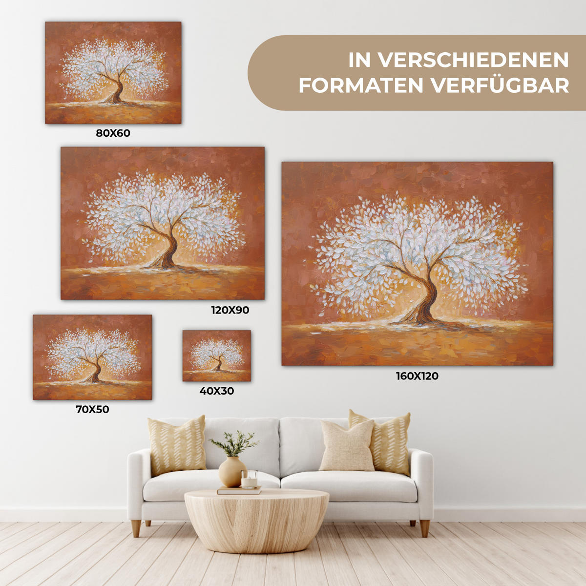 LEINWANDBILD Abstrakt - Baum - Weiß - Blätter Wandbild 40x30 cm - Braun, Textil (40/30cm) - MuchoWow