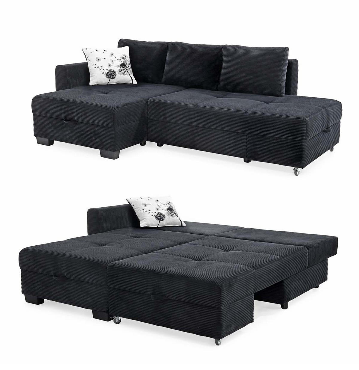 ECKSOFA Doppelbett mit Bettkasten, seitenverkehrt montierbar B247/T155/H87 cm, Liegefläche 183x207 cm, Cord Schwarz / 15216 - Schwarz, Kunststoff/Textil (247/155cm) - luma-home