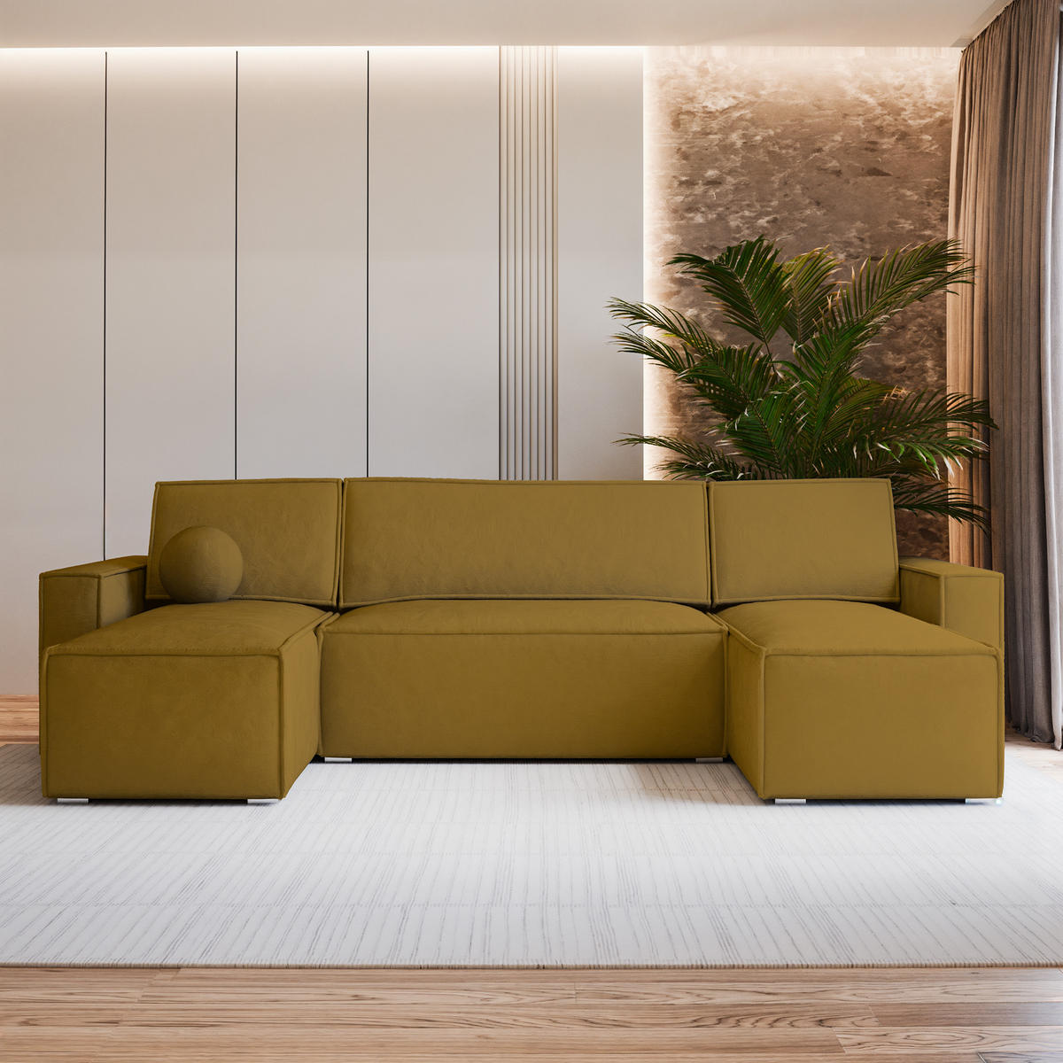 ROHOVÁ SEDAČKA PESANO žlutá - šedá/žlutá, dřevo/textil (306/140cm) - MASSENO