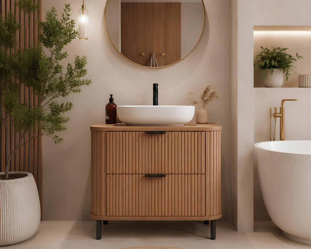 BADEZIMMERSCHRANK : Farbe Eiche Craft, Griff schwarz, Füße schwarz, 80 x 41,5 x 66,7 cm - Eichefarben/Schwarz, Holzwerkstoff (80/66.7/41.5cm) - 3XE LIVING