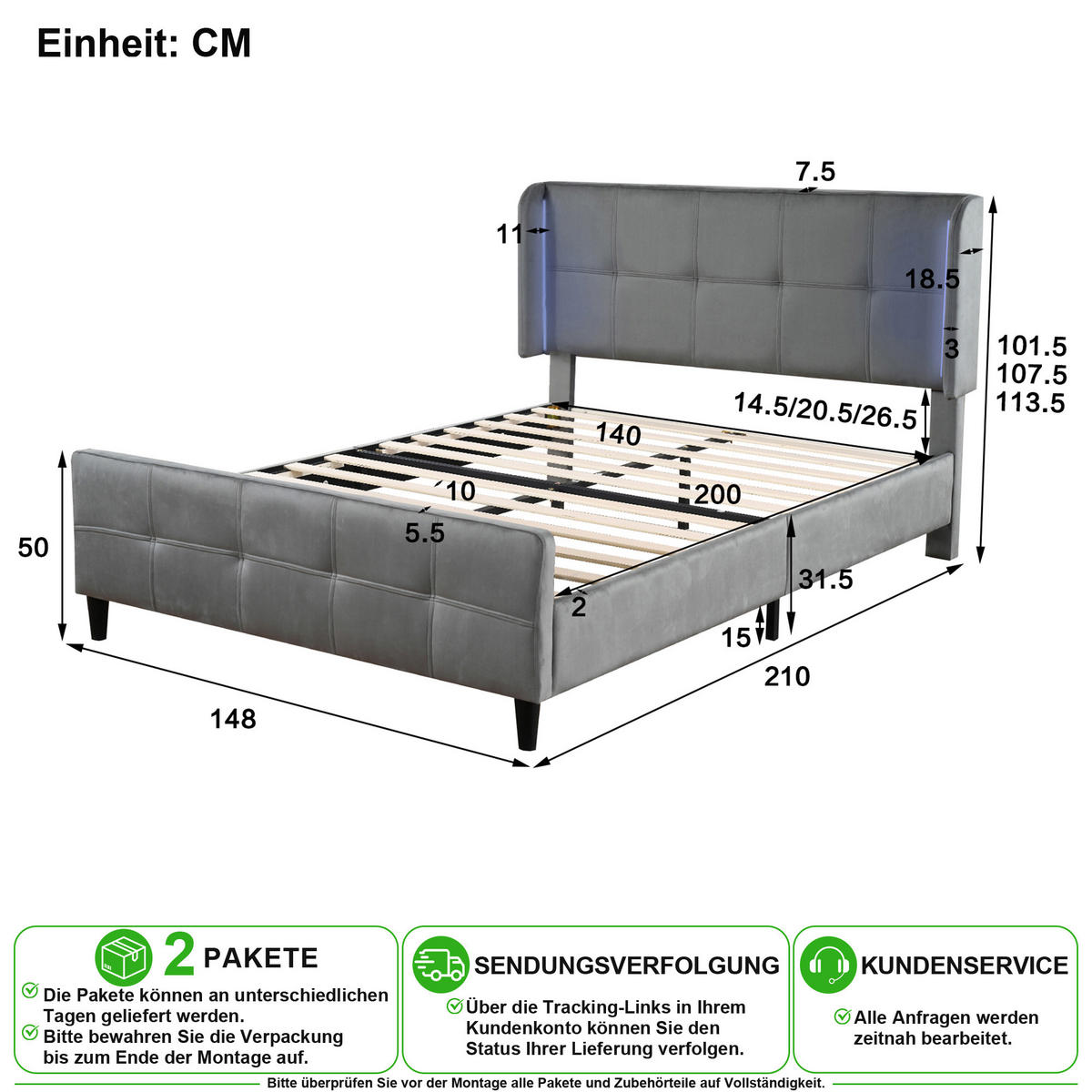 ČALOUNĚNÁ POSTEL 140/200 cm v šedé barvě ze sametu s LED osvětlením - šedá, kov/kompozitní dřevo (140/200cm) - CHICFURN