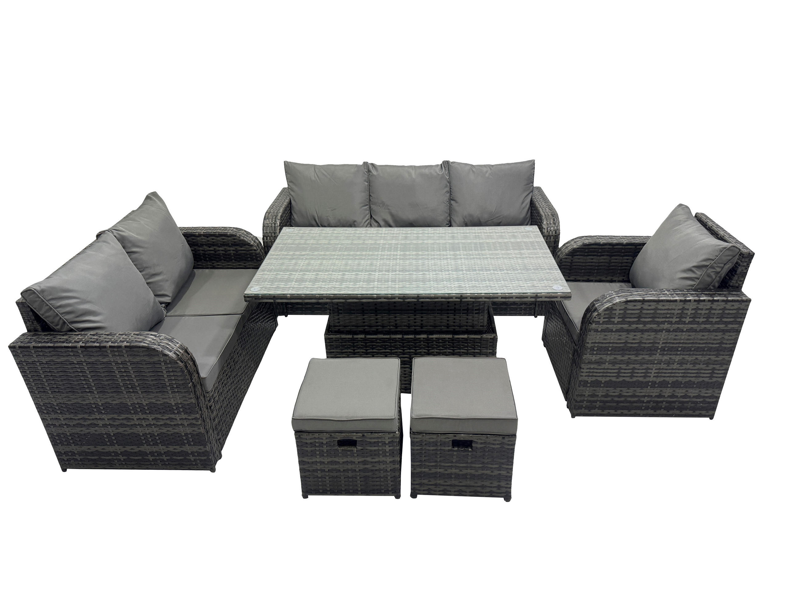 GARTENMÖBEL SET mit 3-Sitzer Sofa, Stuhl Höhenverstellbarer Esstisch 8-Sitzer Grau - Dunkelgrau/Grau, Glas/Kunststoff - Fimous