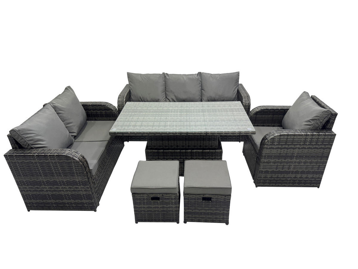 GARTENMÖBEL SET mit 3-Sitzer Sofa, Stuhl Höhenverstellbarer Esstisch 8-Sitzer Grau - Dunkelgrau/Grau, Glas/Kunststoff - Fimous