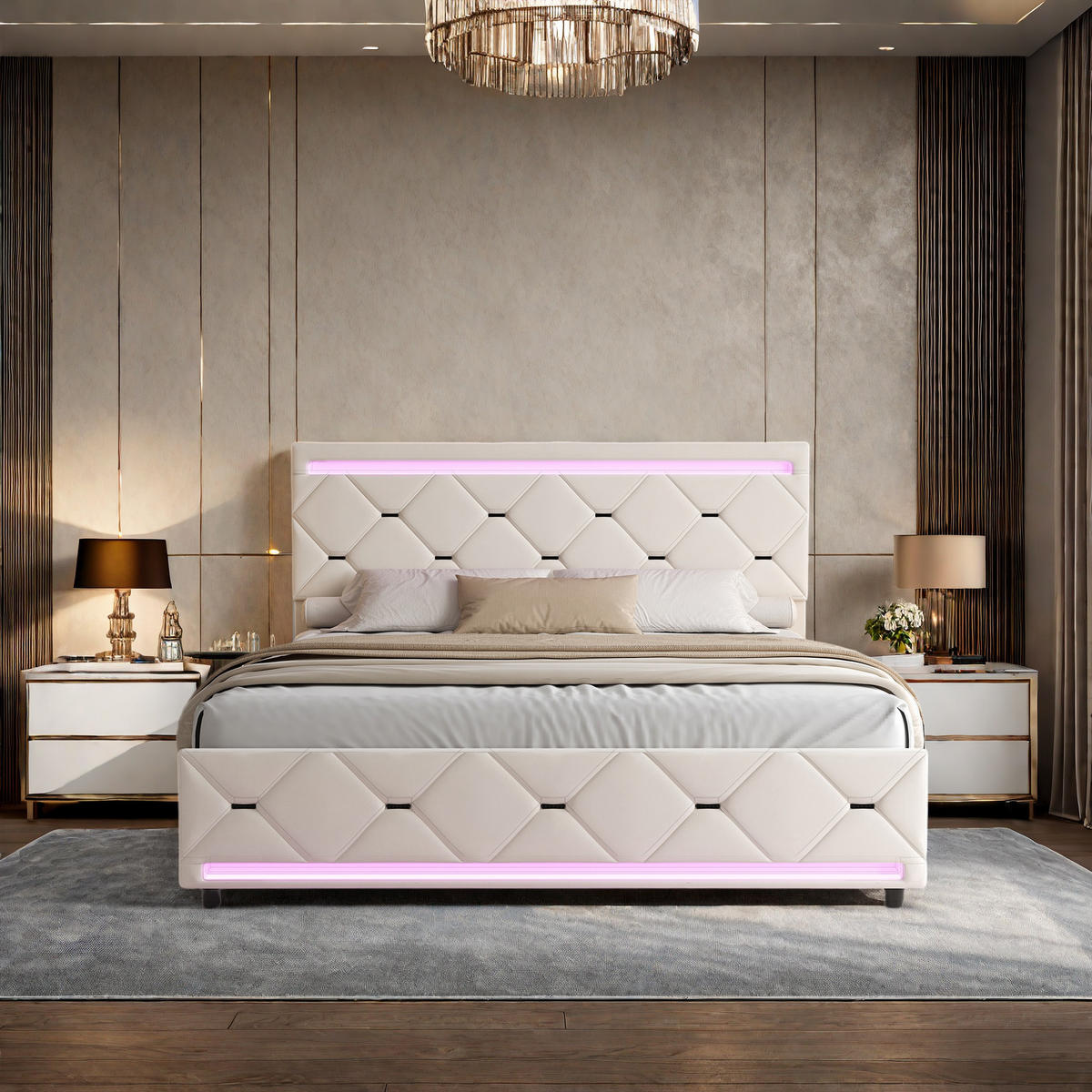 POLSTERBETT 140x190 cm Creme Samt LED USB 4 Schubladen Stauraum - Beige, Holz (140/190cm) - SHOPENTRA