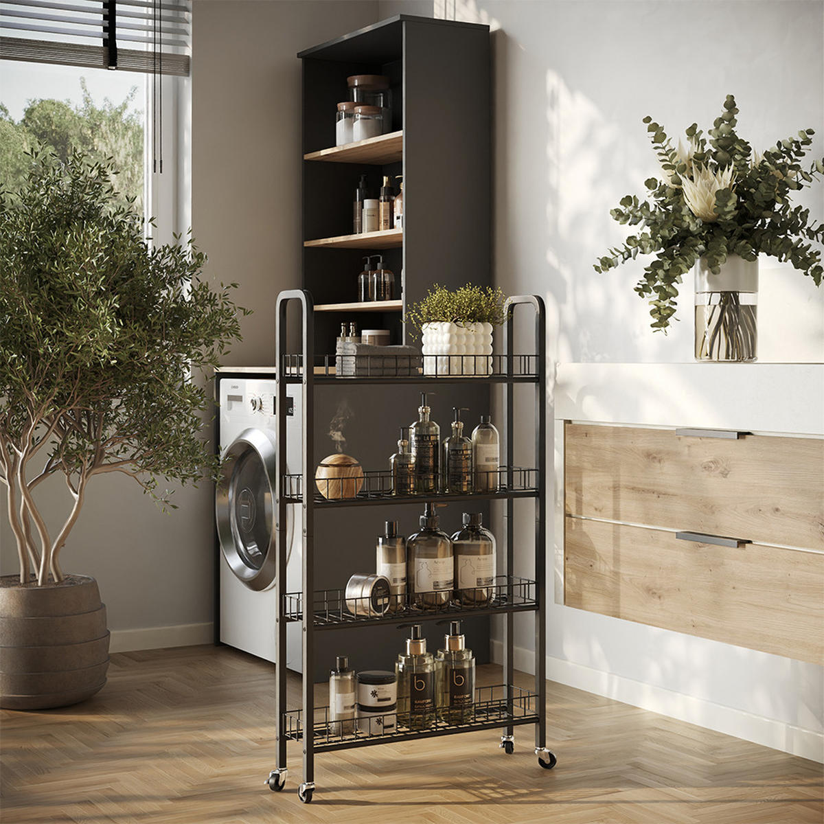 ROLLREGAL Rolivo Schwarz 58 x 15 cm mit 4 Fächern - Schwarz, Metall (58/103.5/15cm) - Vicco