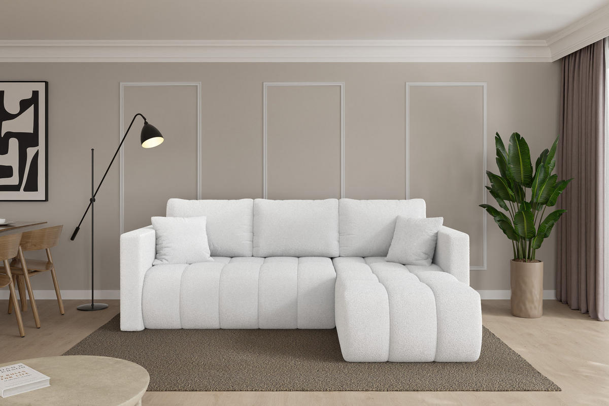 ROHOVÁ SEDAČKA s funkcí spaní, otoman vpravo GARD-L 226x146x85 bílá bouclé - bílá/černá, kompozitní dřevo/textil (226/146cm) - ALTDECOR