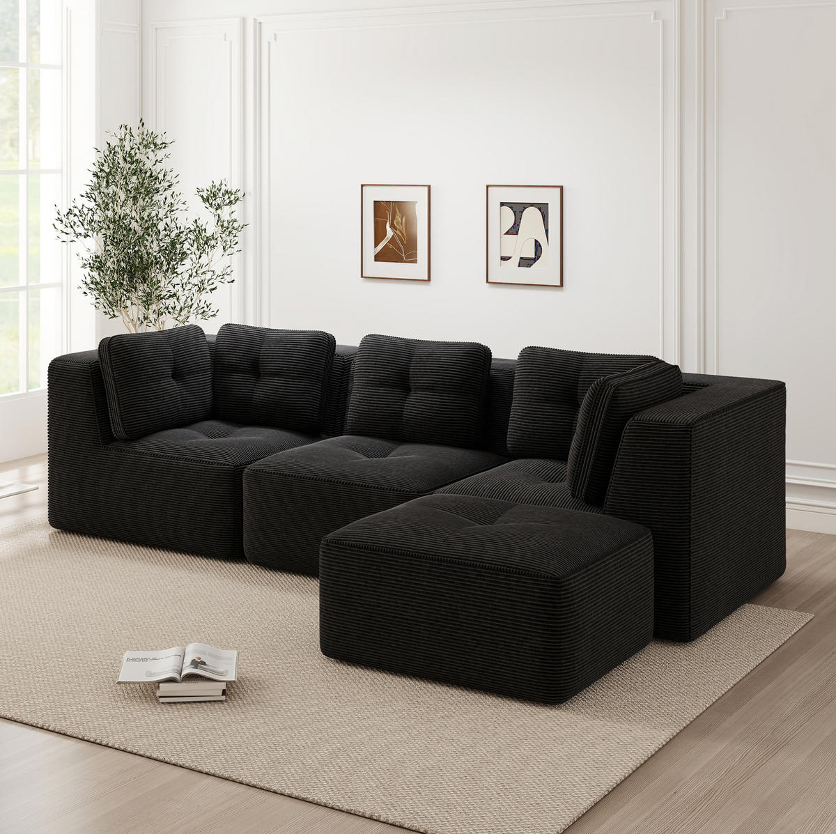 ECKSOFA 297/177/69 cm schwarz aus Cord mit modularem Design und tiefer Sitzfläche - Schwarz, Textil (177/297cm) - OKWISH