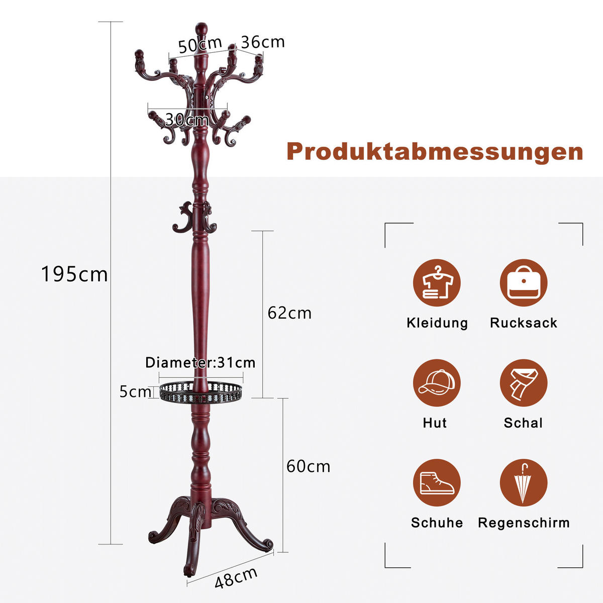 GARDEROBENSTÄNDER massivholz nussbaumfarben mit regenschirmhalter und mehrstöckigen haken - Walnussfarben, Holz (50/195/50cm) - Urban Meuble