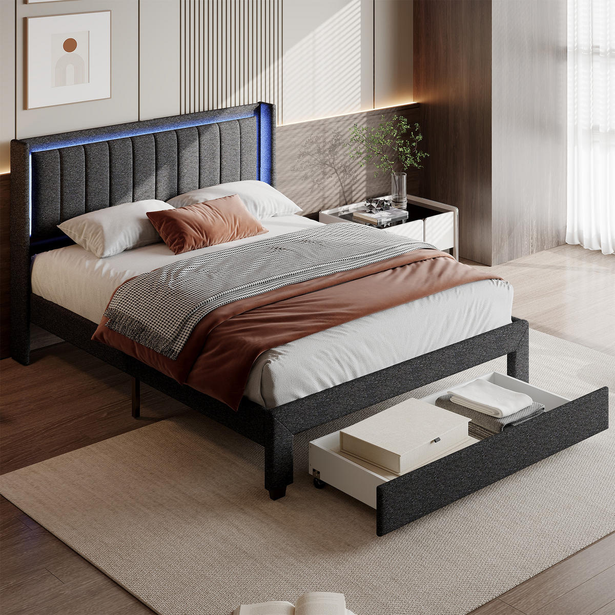 POLSTERBETT 180x200 cm LED 2 USB Stauraum Lattenrost grau - Grau, Holz (180/200cm) - LEBENLANG