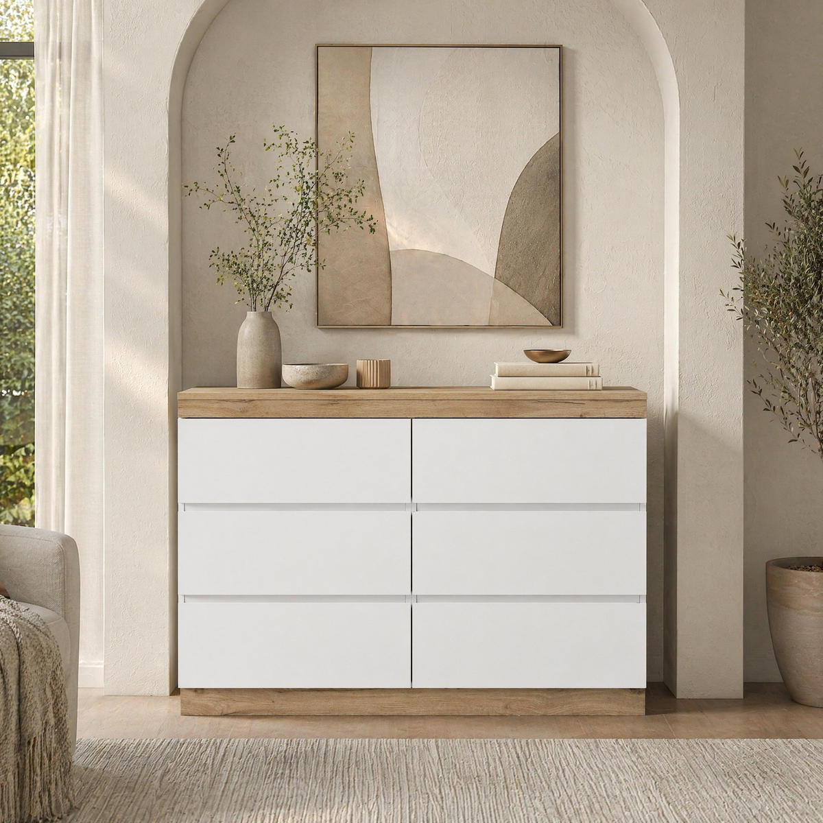 KUCHYŇSKÁ SKŘÍŇ bílá a dubová, 6 zásuvek, uzamykatelná přihrádka, do ložnice a obýváku, 110×40×67,5 cm - bílá/barva dubu, kov/kompozitní dřevo (110/67.5/40cm) - STILVORA