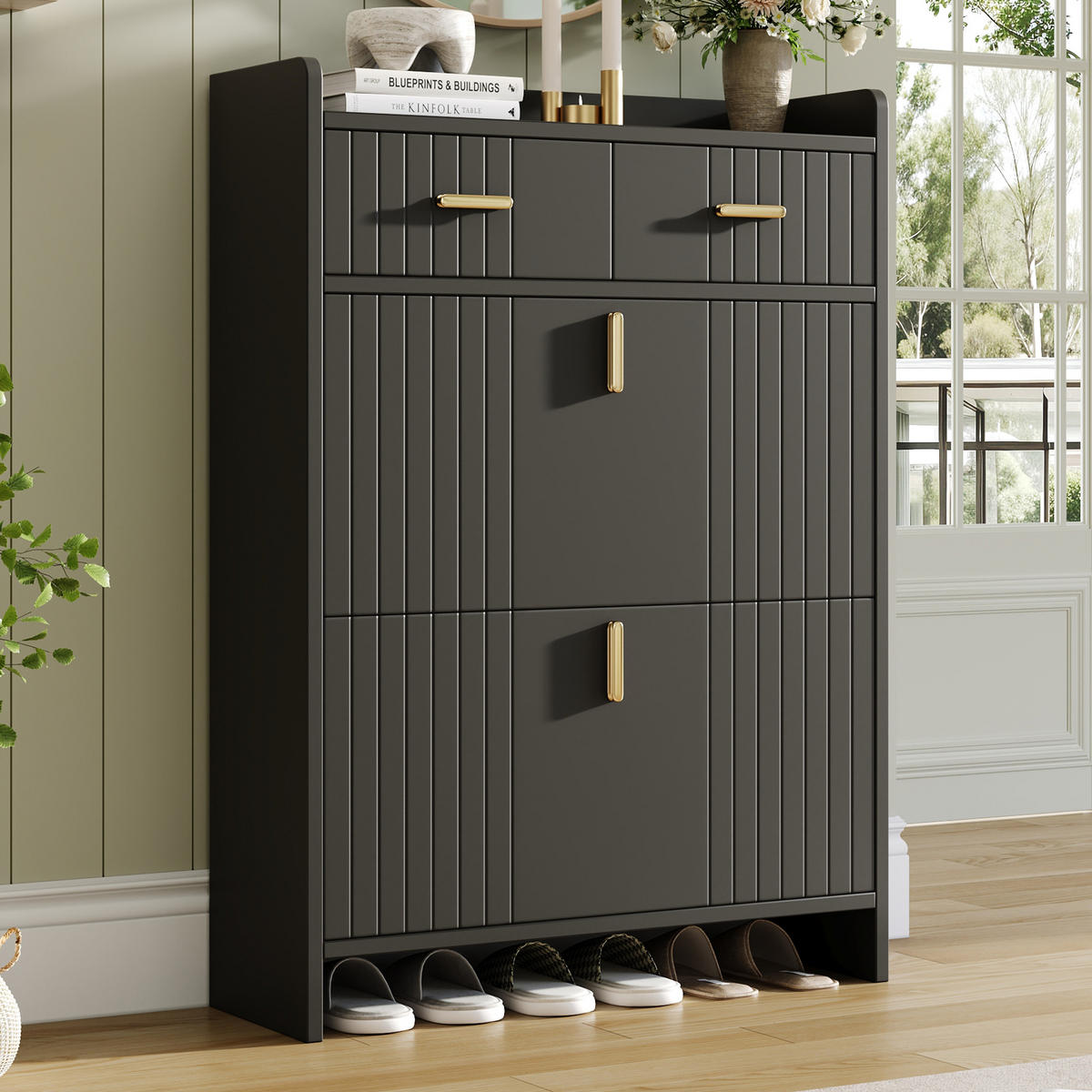 SCHUHSCHRANK 75x24x108.5cm Schwarz mit 2 Schubladen - Schwarz, Holzwerkstoff (75/108.5/24cm) - FLIEKS