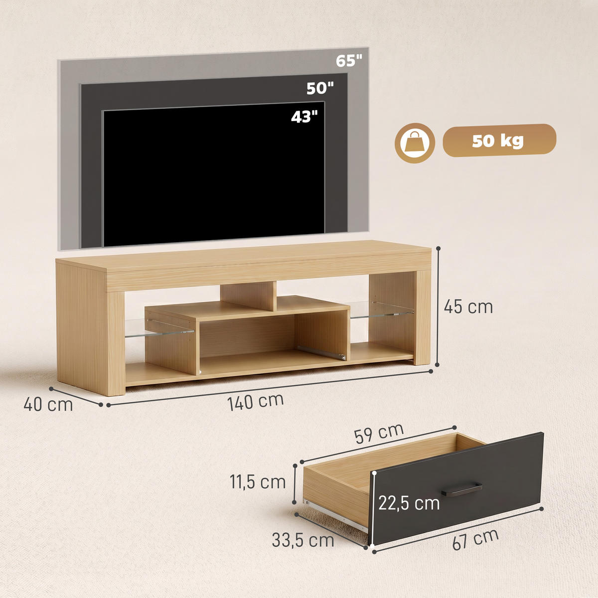 TV-LOWBOARD Spanplatte Glas Eiche - Eichefarben, Glas/Holzwerkstoff (40/45/140cm) - HOMCOM
