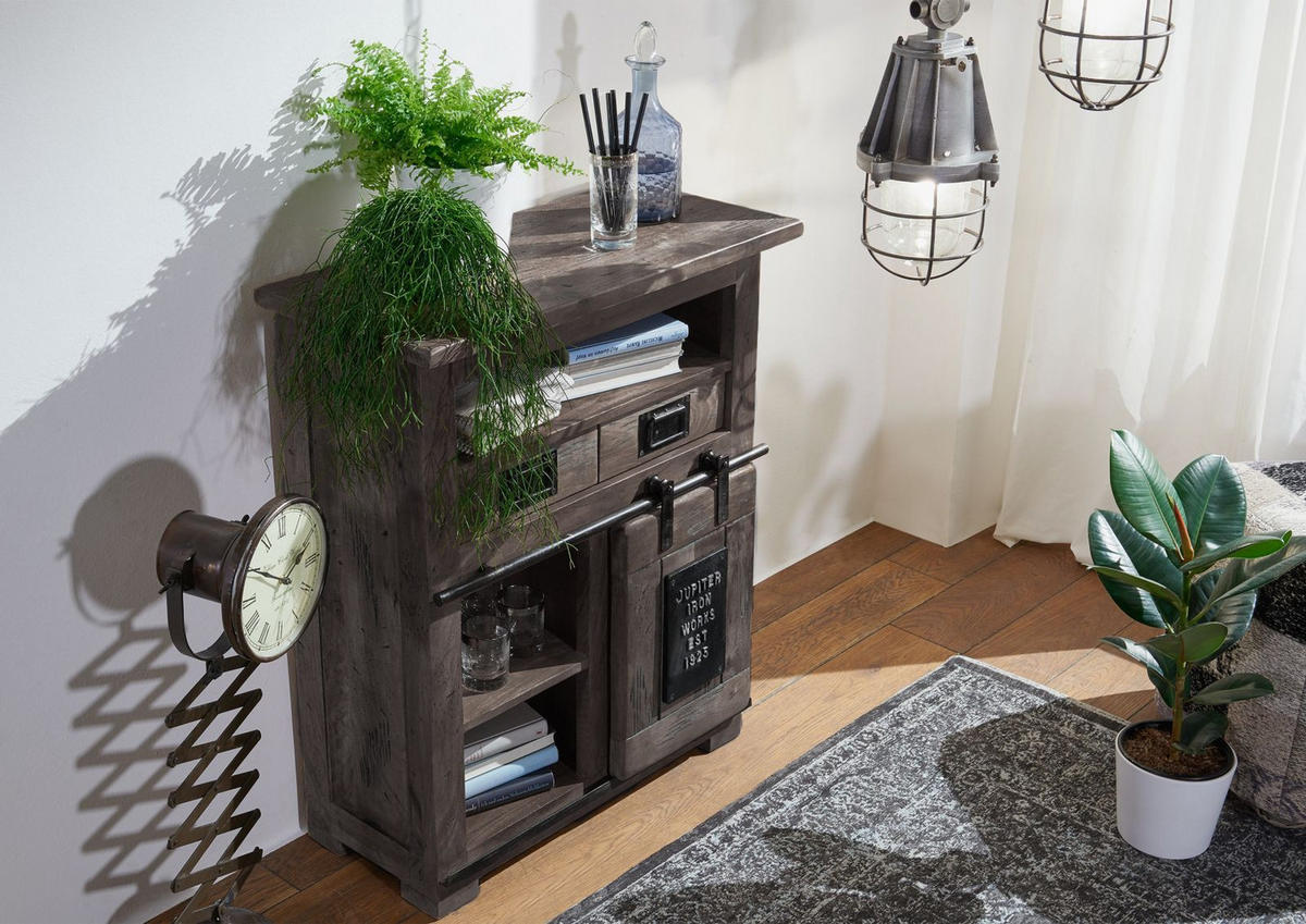 KOMMODE Mango 75x36x90 grau lackiert RAILWAY #252 - Grau, Holz (75/90/36cm) - Massivmoebel24