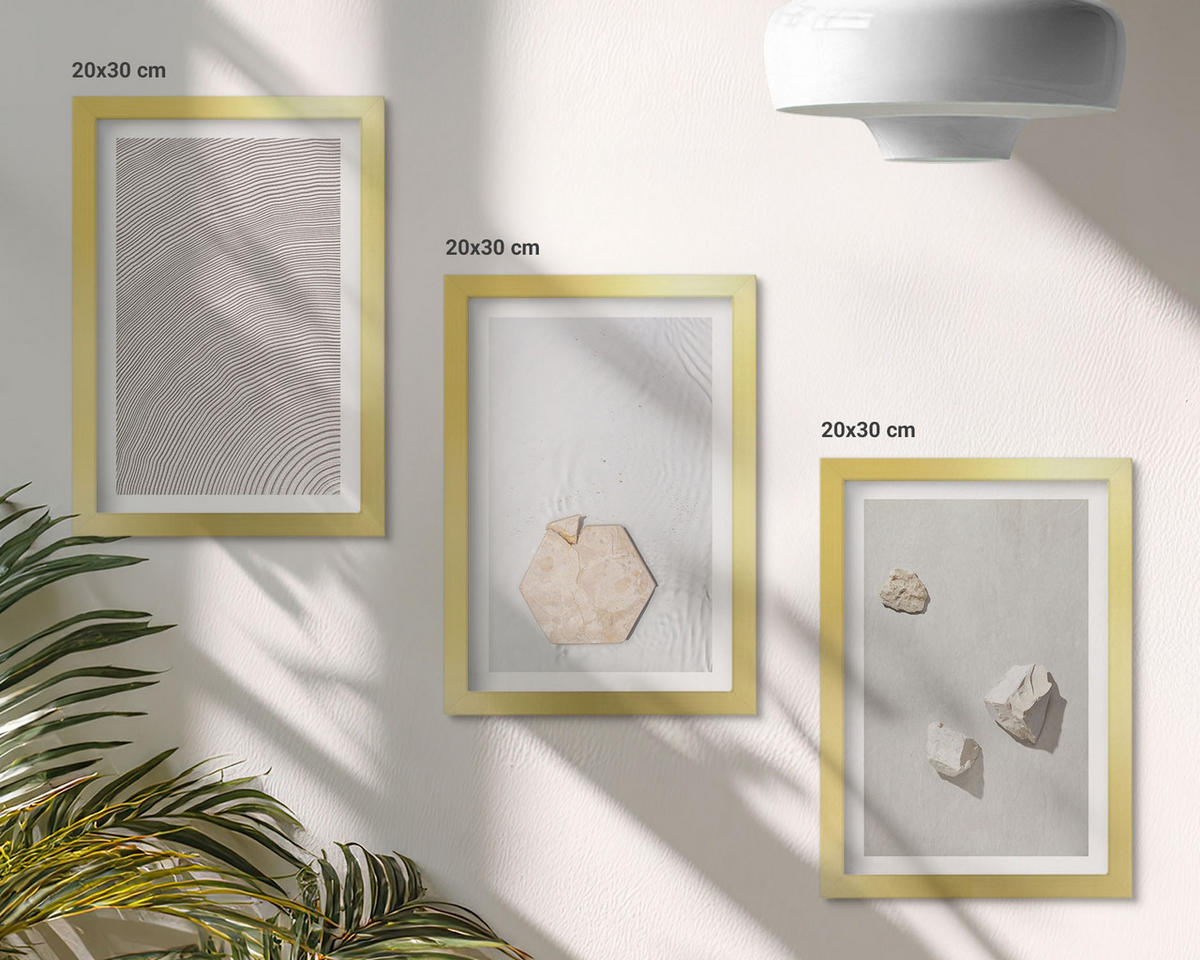 BILDER SET 3er Set - 20x30 cm Goldrahmen - Leichte Boho-Sandtexturen - Goldfarben, Kunststoff (20/30cm) - TULUP