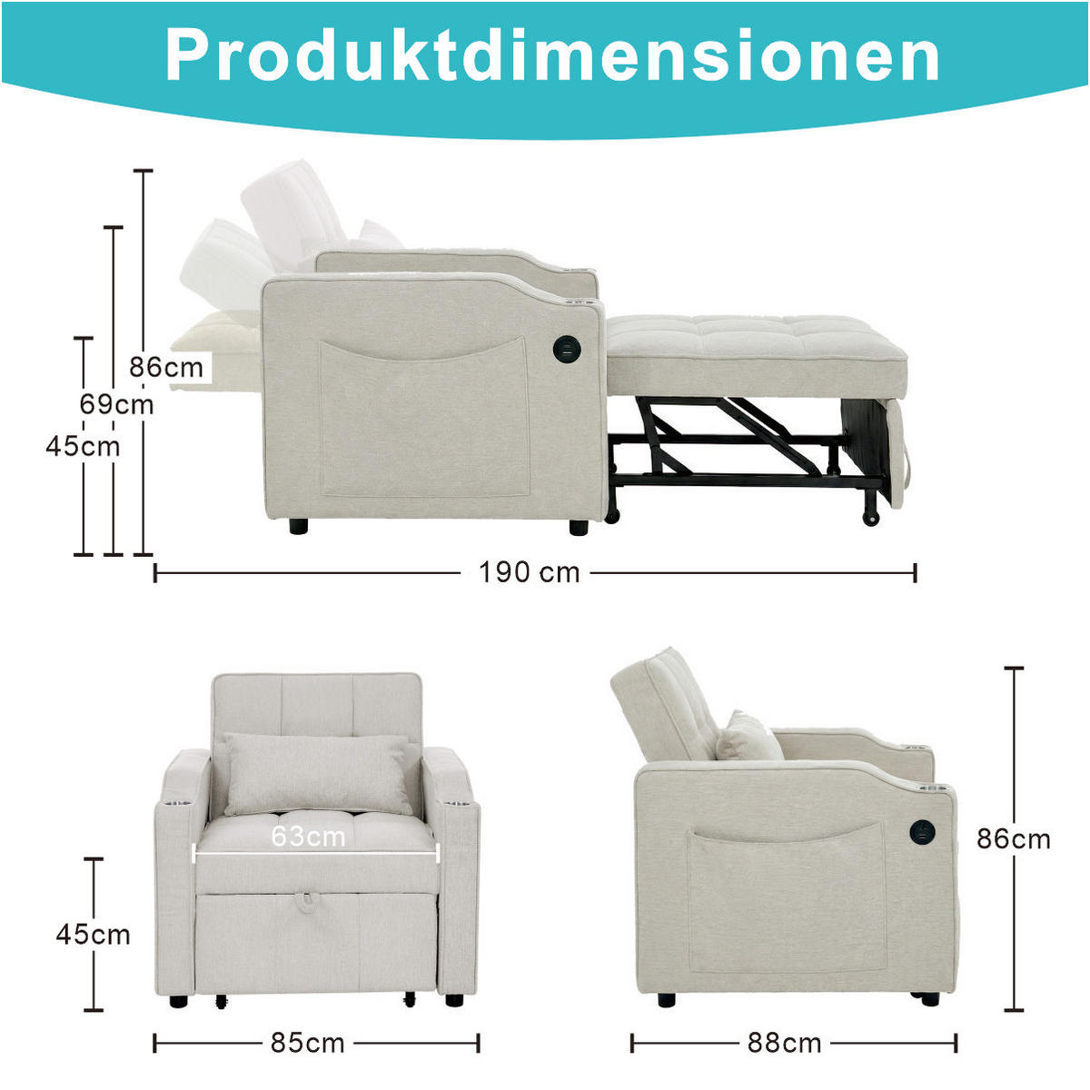 SCHLAFSESSEL DE-35033 3-in-1 mit USB-C und Getränkehalter Grau - Beige, Holz (85/86/190cm) - ComfortXL