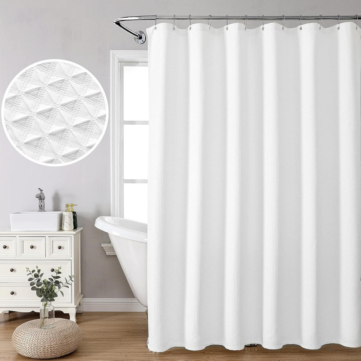 DUSCHVORHANG Struktur Weiß 200/180 cm Stoff Schimmelresistent mit Metallringen - Weiß, Kunststoff (180/200cm) - MCBOSON