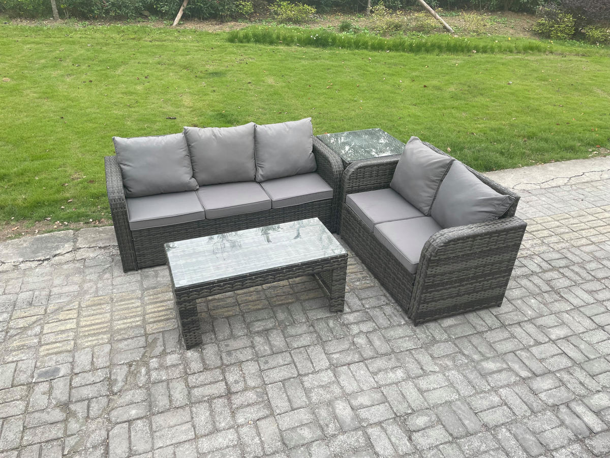GARTENSOFA SET mit COUCHTISCH BEISTELLTISCH Polyrattan 5-Sitzer - Dunkelgrau/Grau, Glas/Kunststoff - Fimous