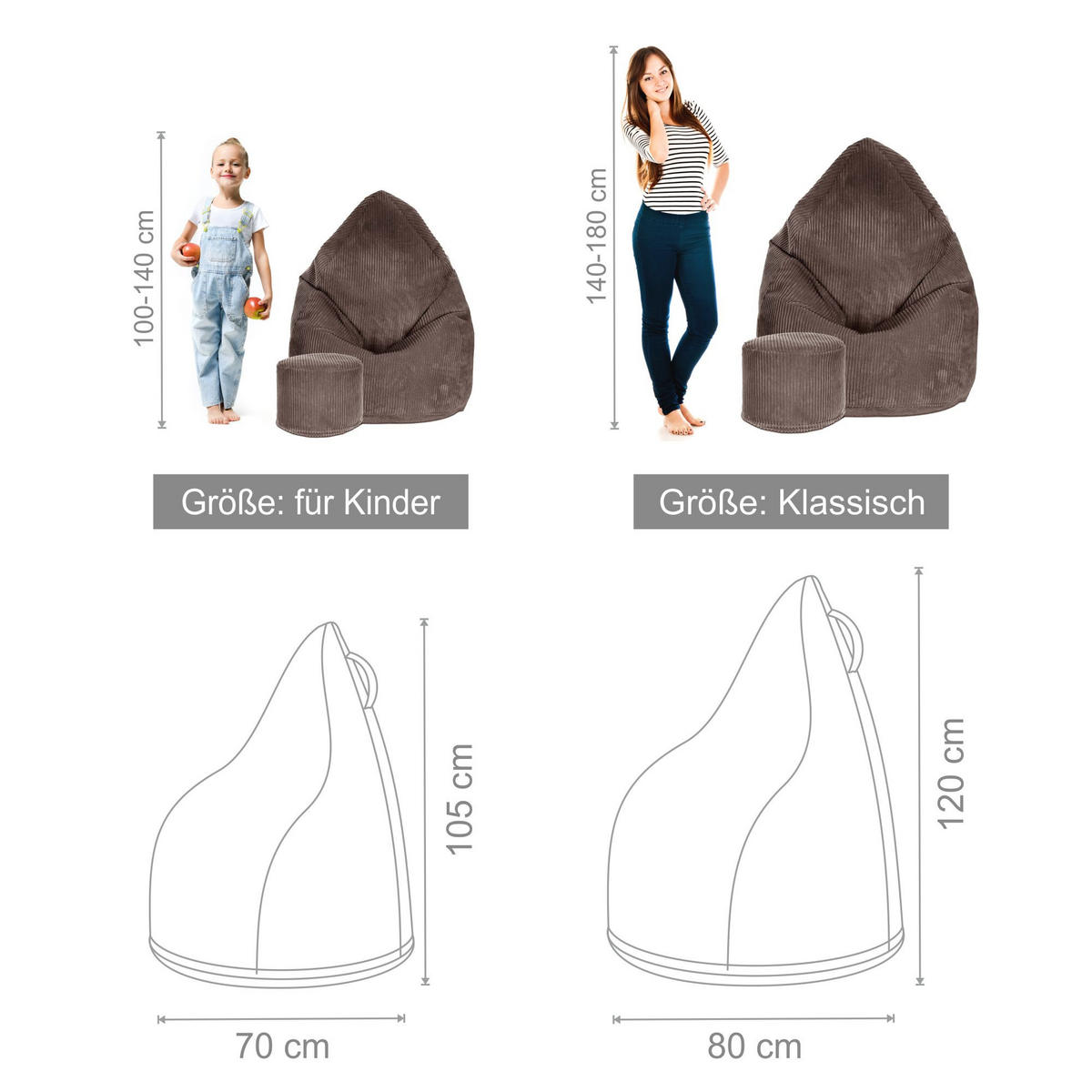 SITZSACK MIT FUßSTÜTZE Kordsamt 2-tlg Roasted Cocoa M - Dunkelbraun/Braun, Textil (80/120/80cm) - Dreamroots