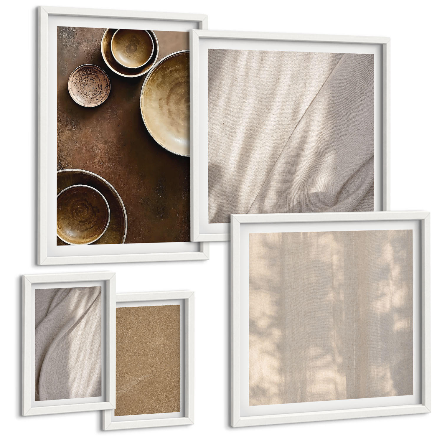 BILDER SET 5er Set - 50x50 cm & 20x30 cm & 40x60 cm Weißer Rahmen - Strukturen, Texturen, Minimalismus - Weiß, Kunststoff (40/60cm) - TULUP