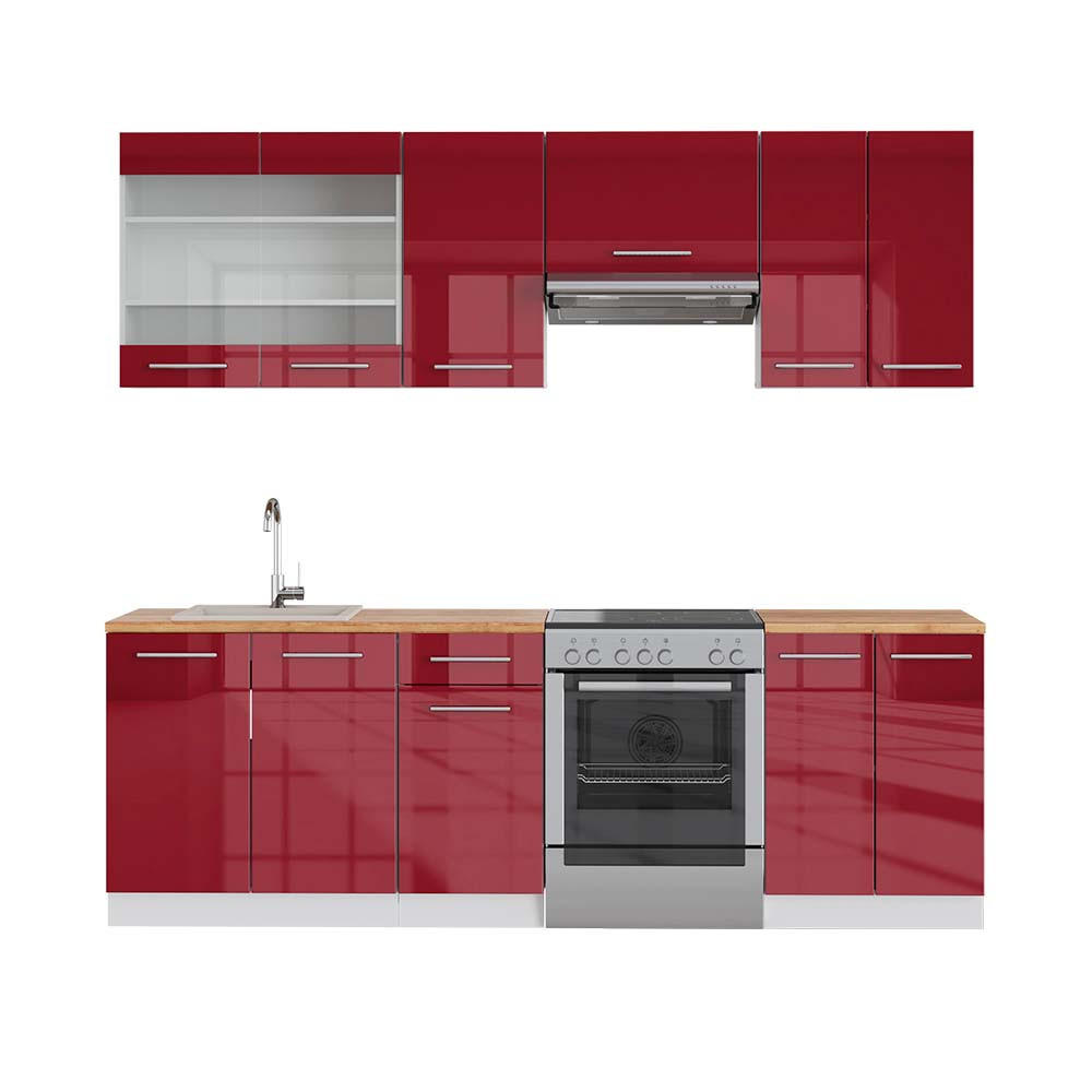 KÜCHENZEILE Fame-Line Bordeaux Hochglanz/Weiß 240 cm, AP Eiche - Bordeaux/Weiß, Holzwerkstoff (240/81.6/60cm) - Vicco