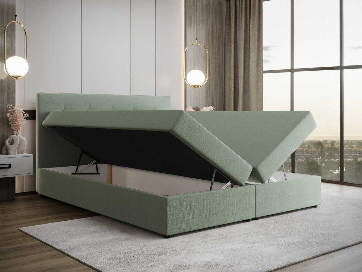 BOXBETT FADO 22 mit Matratze H3, Bonell und Topper 160x200 Cosmic 16 - Hellgrün, Holz/Textil (160/200cm) - Bedante